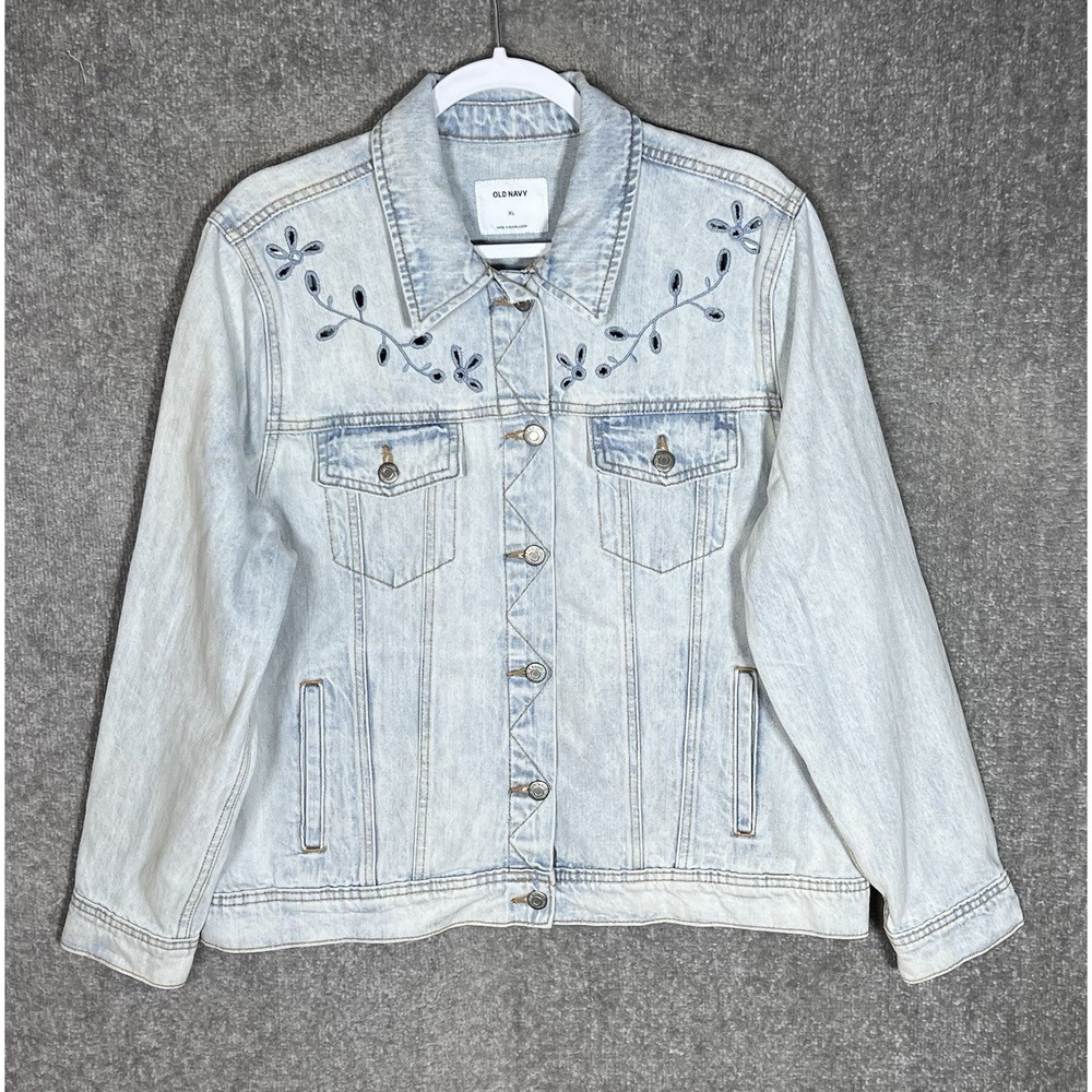 Old Navy Floral Embroidered Cutout Denim Jean Jacket Womens Size XL Blue Pockets